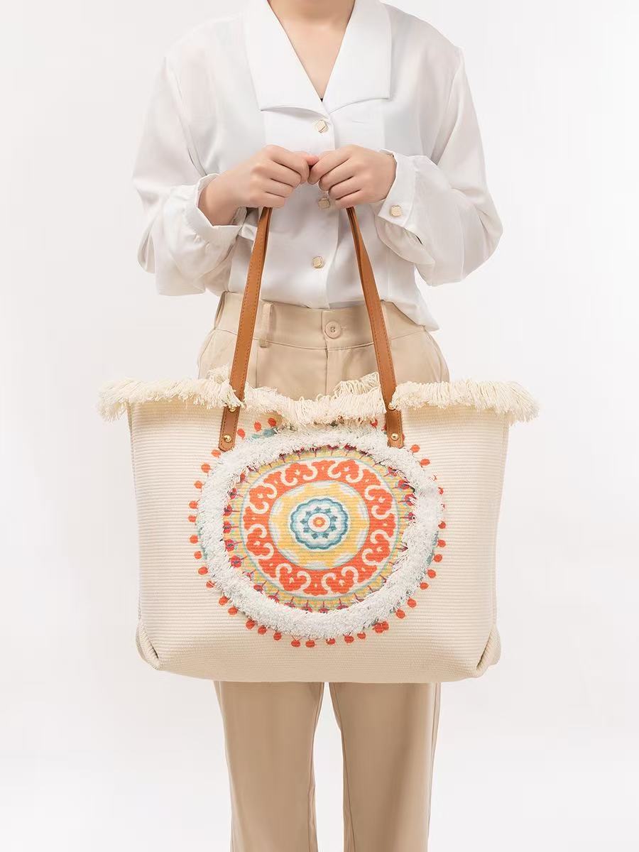 Women'S Raffia Bags - Tas Tote Rafia dengan Patch Mandala